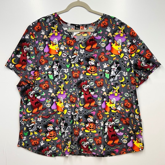 Disney Halloween Print Scrub Top 3XL/3XG Mickey Mouse Donald Duck Spooky - Picture 1 of 12